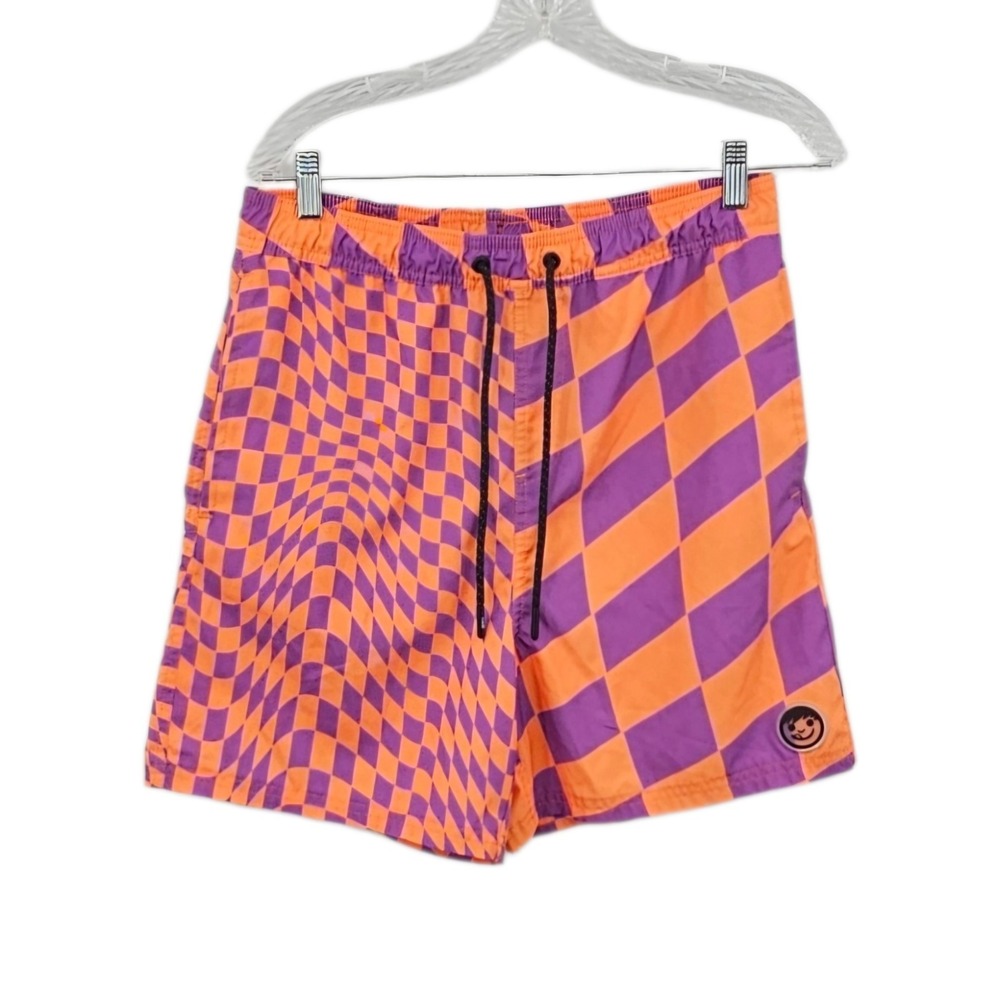 NEFF Board Shorts‎ Men's Large Orange & Purple Checkered Swim Trunks Beach Surf